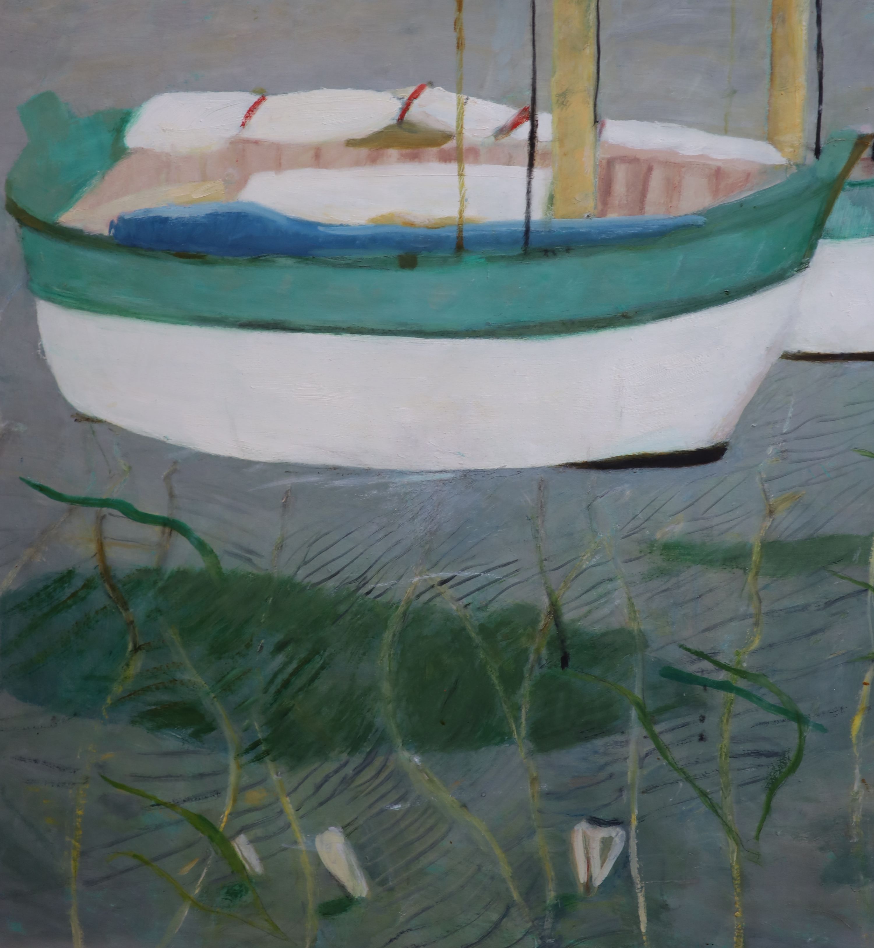 Mary Newcomb (1922-2008), Boats on transparent water, oil on board, 75 x 74cm.